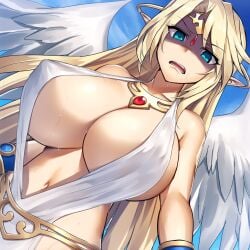 1girls ai_generated annoyed blonde_hair blue_eyes brutoaimage huge_breasts ilias large_breasts long_hair mon-musu_quest! pointy_ears revealing_clothes shaded_face solo wings