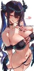 1girls belly big_breasts bikini black_nails black_swimsuit blush character_request choker female female_only heart klopsiak midriff pink_eyes smirk sweat swimsuit thighs twintails