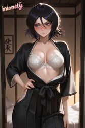1girl ai_generated arm_at_side artist_name bed black_hair black_hakama black_kimono bleach bleach:_the_thousand-year_blood_war blurry blush bow bra breasts cleavage closed_mouth collarbone cowboy_shot dougi embarrassed genderswap_(mtf) hair_between_eyes hakama hakama_skirt hand_on_own_hip hip_vent indoors japanese_clothes kimono kuchiki_rukia large_breasts lingerie lips long_sleeves looking_at_viewer martial_arts_belt medium_breasts medium_hair mionety nose_blush on_bed open_clothes panties purple_eyes short_hair skirt solo standing underwear undressing v-shaped_eyebrows white_bra white_panties wide_sleeves