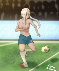 100_kanojo 1girl 1girls big_breasts bodypaint braid brazil brazilian brazilian_female brazilian_flag breasts breasts_out brown_skin dark-skinned_female dark_skin exhibitionism football football_ball football_field football_uniform green_eyes green_hair half-dressed half_dressed half_naked half_nude kaho_eira kimi_no_koto_ga_dai_dai_dai_dai_daisuki_na_100-nin_no_kanojo lipalupa nipples public_exposure public_humiliation public_nudity silver_hair soccer_ball soccer_field soccer_player soccer_shoes soccer_uniform solo_female solo_girl sweat sweatdrop sweating sweaty_body sweaty_breasts thick_thighs topless topless_female