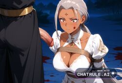 1girl absurdly_long_hair ai_assisted ai_generated anime_screencap blood_splatter brown_eyes campsite close_up dark_skin detailed_eyes detailed_face firelight flaccid_penis frowning grey_hair hair_slicked_back high_quality highly_detailed juliet_sleeves kneeling long_hair long_sidelocks long_sleeves looking_at_penis low_ponytail night outside upper_body white_dress white_robe