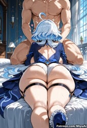 1boy 1girl abs ahoge ai_assisted ai_generated ass back bed blue_hair breasts curvaceous curvy curvy_female curvy_figure doggystyle female furina_(genshin_impact) genshin_impact heart hetero indoors large_breasts long_hair lying manly messy_hair miyuai muscle muscular_female nude on_bed one-piece_swimsuit sex sex_from_behind sweat swimsuit thick thick_ass thick_butt thick_hips thick_legs thick_thighs thigh_strap thighs very_long_hair voluptuous voluptuous_female wide_hips wide_thighs window