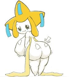 2017 anthro ass big_breasts big_butt black_eyes bodily_fluids breasts female humanoid jirachi k--10 legendary_pokemon looking_at_viewer looking_back nintendo nipples not_furry pokémon_(species) pokemon pokemon_(species) rear_view side_boob simple_background sketch smile solo sweat thick_thighs video_games white_background white_body wide_hips