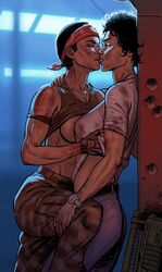 2girls against_wall alien_(franchise) aliens_(1986) ellen_ripley female female_only human jenette_vasquez kissing lesbian lipatov purr-hiss romantic_ambiance short_hair yuri