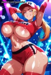 1girls abs ai_generated arms_raised blonde_hair bokeh_background cocktail_dress confident_smile curvy dance_floor dancing_pose fatal_fury gaddariat huge_breasts looking_at_viewer motion_blur muscular muscular_female patreon slim_waist solo strong_female terry_bogard toned toned_female