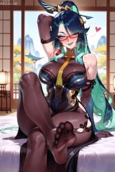 1girl ai_generated aqua_eyes armpits arms_up arzagod big_breasts black_hair blush colored_inner_hair foot_fetish genshin_impact green_eyes green_hair hair_ornament high_ponytail jewelry large_breasts long_hair multicolored_hair pantyhose perfect_legs ponytail tagme thick_thighs xianyun_(genshin_impact)