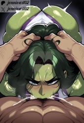 1boy 1girl abs ai_generated ass blush breasts cheek_bulge clothed_female_nude_male clothing colored_skin cum cum_in_mouth cum_in_nose cum_overflow deepthroat ejaculation fellatio female glaring green_eyes green_hair green_lips green_skin hand_on_another's_head head_grab hetero irrumatio jennieart02 leotard long_hair looking_at_viewer male male_pubic_hair marvel marvel_comics muscular muscular_male nude oral patreon patreon_logo patreon_username penis pov_crotch pov_hands pubic_hair sanpaku she_hulk solo_focus steaming_body sweat thick_eyebrows thick_thighs twitter twitter_username veins watermark white_leotard