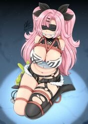 amillion_(zenless_zone_zero) arms_behind_back artist_name artist_signature aster-effect bangboo_(zenless_zone_zero) biting_gag black_ribbon black_thighhighs blindfold blindfolded blindfolded_female bound_and_gagged cleavage cleave_gag crop_top earrings fur_trim gag gagged gagged_female hair_ornament hair_ribbon kneeling kneeling_female kneeling_on_ground large_breasts long_hair mole mole_on_breast mole_on_thigh nicole_demara one_thighhigh pink_hair red_rope ribbon ribbon_in_hair ripped_clothes ripped_clothing ripped_thighhighs rope rope_between_breasts rope_bondage rope_harness starry_background thick_thighs thigh_strap thighhighs thighs tied tied_arms tied_hands tied_legs tied_up very_long_hair wavy_hair white_shirt wide_hipped_female wide_hips zenless_zone_zero