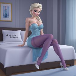 ai_generated bed bedroom big_breasts dress elsa_(frozen) frozen_(film) pantyhose