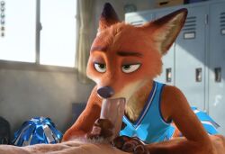 ai_generated anthro blowjob cheerleader cheerleader_uniform crossdressing fox furry gay green_eyes hydrai locker_room male_only nick_wilde oral oral_sex orange_fur zootopia zootropolis