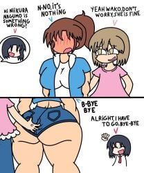 2koma 3girls ass ass_grab ayumu_niikura black_eyes black_hair blonde_hair blue_hoodie blue_pants blue_shorts blush breasts brown_hair city_(arawi_keiichi) closed_eyes english_text full-face_blush grabbing grabbing_another's_ass grabbing_ass green_eyes hood_down hoodie huge_ass huge_breasts izumi_wako literal_alguien muscular muscular_female nagumo_midori open_mouth pants pink_shirt ponytail shirt short_hair short_sleeves shorts skindentation smug speech_bubble text thick_thighs thighs waving wavy_mouth white_background white_hood white_shirt