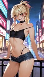 1girls ai_generated athletic athletic_female blonde blonde_female blonde_hair blonde_hair_female bratty choker city city_background clothed clothed_female clothing commentary_request crop_top female female_focus flat_chest flat_chested gradient_hair green_eyes hair hotpants jeans_shorts lewd lia_the_busty_redhead midriff multicolored_hair night off_shoulder open_pants original original_character outdoors outside petite petite_body petite_female pink_hair_tips ponytail seductive seductive_look seductive_smile self_upload shorts slutty_female small_breasts smile smiling smiling_at_viewer solo_female spaghetti_strap standing tagme tank_top thighs thong thong_straps tight_clothing