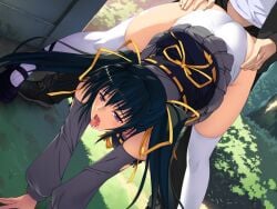 1boy 1girl ahegao all_fours ass bent_over black_hair blush clothed_sex clothing_aside cum cum_in_mouth detached_sleeves doggystyle dutch_angle fuuki_iinchou_seira game_asset hair_ribbon hetero ishigaki_takashi long_hair non-web_source official_art open_mouth outdoors panties panties_aside purple_eyes ribbon saliva saotome_seira self-datamine sex sex_from_behind shoes skirt solo_focus tears thighhighs tongue tongue_out twintails underwear variant_set visual_novel_cg white_panties white_thighhighs