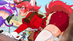 all_fours animal_ears being_watched bibury blush bodily_fluids boots bottomwear clothing cure_chocolat cure_macaron dog_ears drooling ejaculation erect_nipples erect_nipples_under_clothes eyelashes female footwear fur genital_fluids gloves handwear heart heart-shaped_pupils highres humanoid inner_ear_fluff kenjou_akira kirakira_precure_a_la_mode looking_at_another magical_girl mammal mammal_humanoid mutyakai nipples peeing pink_body pink_fur pink_hair precure pretty_cure public pussy_ejaculation pussy_juice saliva shorts skirt small_breasts solo_focus stockings sweat symbol-shaped_pupils tears thigh_boots thighhighs tongue tongue_out tuft urine wetting