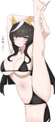 bikini black_bikini blush calstone_light_o_(umamusume) japanese_text leg_up micro_bikini posing sweat umamusume