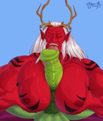 2boys bara beast_boy big_breasts big_nipples big_penis blue_background breasts dark_nipples dc dc_comics demon demon_horns frown frowning gay gay_male green_body green_skin horse_penis horsecock huge_cock large_penis licking licking_penis long_hair looking_at_viewer male male/male male_only mireikiphanie mouth_open muscles muscular muscular_male nipples nude nude_male oral oral_sex pec_grab pecjob pecs penis penis_between_breasts pov precum red_body red_eyes red_skin saliva saliva_drip saliva_on_penis saliva_on_tongue saliva_string saliva_trail simple_background size_difference tattoo tattoos teen_titans tongue tongue_out tonguejob trigon veiny_penis white_hair