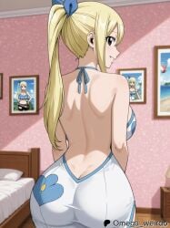 1girl ai_generated arched_back back_view bed bedroom big_ass big_breasts blonde_female blonde_hair blush brown_eyes dress fairy_tail hair_ribbon halterneck indoors long_hair looking_at_viewer looking_back lucy_heartfilia omega_weirdo patreon presenting_ass smile smiling_at_viewer solo solo_female solo_focus teasing