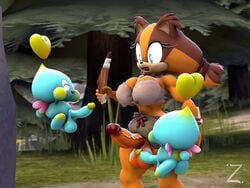 3d anthro balls boomerang brown_body brown_fur chao_(sonic) furry futanari hair holding_weapon orange_body orange_fur penis sonic_(series) sonic_boom sticks_the_badger sticks_the_jungle_badger sticks_the_tejon surprised twintails weapon zeniix98