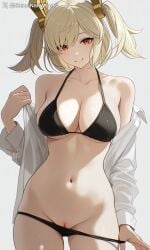 1girls ai_generated burnice_white looking_at_viewer pussy red_eyes shineinsfw smile solo uncensored wet white_hair zenless_zone_zero