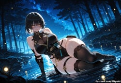 1girl ai_assisted ai_generated arm_strap arm_support bangs bare_shoulders black_gloves black_hair black_legwear blush breasts china_dress chinese_clothes cleavage closed_mouth curvaceous curvy curvy_female curvy_figure dress eyebrows_visible_through_hair female gloves groin hair_between_eyes hair_ornament large_breasts looking_at_viewer miyuai night night_sky outdoors pelvic_curtain rover_(wuthering_waves) short_hair side_slit sitting skindentation sky sleeveless smile solo starry_sky thick thick_ass thick_butt thick_hips thick_legs thick_thighs thigh_strap thighhighs thighs tree voluptuous voluptuous_female water wide_hips wide_thighs wuthering_waves yellow_eyes