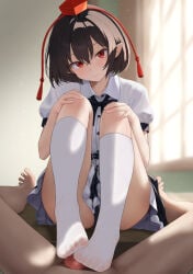 1boy 1girl black_skirt brown_hair censored closed_mouth commentary commission footjob footjob_with_footwear footjob_with_legwear hat head_tilt hetero highres indoors knees_up looking_at_viewer maa_(maa1) mosaic_censoring no_shoes penis pixiv_commission pov red_eyes shameimaru_aya shirt short_hair sitting skirt smile socks tokin_hat touhou two-footed_footjob white_shirt white_socks window