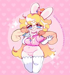 anthro blonde_hair bottomless chubby crown cum cum_on_face disembodied_penis female furry heart-shaped_pupils jaltoid mario_(series) mario_+_rabbids mario_+_rabbids:_kingdom_battle penis princess_peach_(cosplay) rabbid rabbid_peach raving_rabbids shirt shortstack waifusforu yournewwaifu