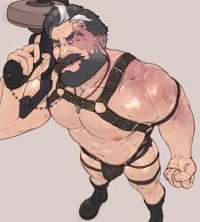 bondage_harness boots bulge chest_hair cigar cigar_in_mouth deadlock gun hairy hairy_male harness male male_focus male_only shipoopee1972 shirtless solo solo_focus solo_male underwear underwear_only venator_(deadlock)