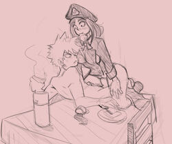 1boy 1girls breakfast camie_utsushimi cowgirl_position duo eating_during_sex eduardo_squidwardo female female_on_top girl_on_top hat katsuki_bakugou male my_hero_academia partially_clothed partially_nude peaked_cap sex sex_on_table shiketsu_high_school_cap shiketsu_high_school_uniform spiky_hair straight table_sex thesquiddycipher