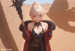 1boy 1femboy absurd_res ai_generated artist_name artist_upload bare_shoulders belt black_gloves blonde_hair blue_eyes breasts closed_mouth coat crossdressing desert femboy femboy_focus feminine_male fur-trimmed_coat fur_trim gay gloves gradient_hair hi_res holding holding_staff latex lips looking_at_viewer makeup more_at_source multicolored_hair open_clothes open_coat outdoors pandora patreon patreon_username ponytail red_coat red_hair red_lips self_upload shadow sidelocks small_breasts solo staff transgender uncensored watermark white_hair
