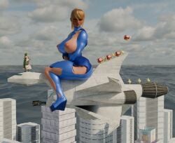 3d blender_(software) blonde_female blonde_hair blue_eyes giantess green_hair mushroom palutena ripped_clothing samus_aran super_smash_bros. super_smash_bros._ultimate surprised zero_suit_samus