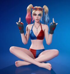 1girl feet feet_fetish feet_together fortnite harley_quinn harley_quinn_(fortnite) middle_finger