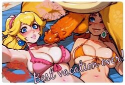 1boy 2girls ai_generated beach big_breasts big_penis bikini blonde_hair bowser brown_hair cheating cheating_girlfriend earrings english_text erection ffm_threesome hanasen huge_breasts huge_cock interspecies large_balls large_breasts large_testicles lipstick lipstick_mark mario_(series) monster netorare ntr outdoors ponytail postcard princess_daisy princess_peach selfie spiked_penis super_mario_bros. testicles text threesome