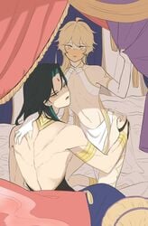 2boys aether_(genshin_impact) amber_eyes artist_request ass ass_grab black_hair blonde_hair crossdressing domination femboy genshin_impact green_highlights looking_at_viewer male male_only midriff mouth_veil slave source_request submissive twink veil xiao_(genshin_impact) yaoi yellow_eyes