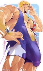 bara beach beaugilliam blonde_hair bulge captain_america captain_america_(marvel_rivals) cock dick male male_only marvel marvel_rivals muscular muscular_male penis solo summer