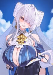 1girl ahoge ascot bare_shoulders blue_dress blue_sky blush bow breast_lift breasts cleavage cloud commentary cowboy_shot day detached_sleeves dress earrings finger_cots folded_fan folding_fan grey_hair grin hair_over_one_eye hand_fan hands_up head_tilt highres holding holding_fan huge_breasts jewelry leaning_forward long_hair long_sleeves looking_at_viewer mole mole_under_mouth one_eye_covered outdoors parted_lips pointy_ears purple_eyes side_slit sideboob single_sidelock sky sleeveless sleeveless_dress smile solo standing two-tone_dress velina_airgid very_long_hair waytok white_ascot white_bow white_dress yellow_ascot zenless_zone_zero
