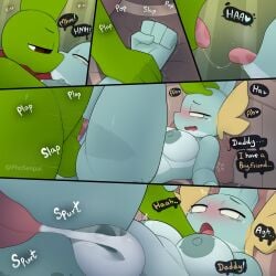 balls_deep bed big_balls big_breasts comic cum cum_in_pussy cum_inside father_and_daughter female generation_2_pokemon generation_3_pokemon holding_down incest jay_(1-upclock) kay_(1-upclock) kiss kissing larvitar male male/female mating_press mudkip nipples penetration phosenpai pokemon questionable_consent rape sex thick_thighs tits tounge_out vaginal_penetration