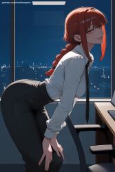 1girl ai_generated ass bangs black_neckwear black_pants braid braided_ponytail breasts business_suit chainsaw_man collared_shirt eyebrows_visible_through_hair formal hi_res high_quality high_resolution long_hair long_sleeves looking_at_viewer makima_(chainsaw_man) medium_breasts medium_hair necktie neckwear office_lady open_mouth pants patreon ringed_eyes seductive sexy shirt shirt_tucked_in smile solo suit uncensored watermark white_shirt