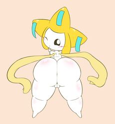 2017 anthro ass big_butt black_eyes blush digital_media_(artwork) female genitals hi_res humanoid jirachi k--10 legendary_pokemon looking_at_viewer looking_back nintendo not_furry one_eye_closed pokémon_(species) pokemon pokemon_(species) presenting presenting_hindquarters pussy rear_view simple_background solo thick_thighs video_games white_body white_skin wide_hips