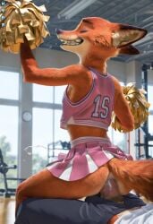 ai_generated anal anal_penetration anal_sex anthro cheerleader cheerleader_uniform crossdressing ejaculation fox furry gay green_eyes gym hydrai male_only nick_wilde orange_fur pom_poms zootopia zootropolis