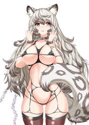 1girls animal_ear_fluff animal_ears animal_tail arknights bikini bikini_bottom bikini_top bizure black_bikini black_bikini_bottom black_bikini_top braid braided_hair cat_ears cat_girl cat_tail catgirl chains collar female female_only fluffy_hair fluffy_tail gray_eyes gray_hair large_breasts lips_parted long_hair micro_bikini midriff navel nekomimi pramanix_(arknights) silver_hair skimpy_clothes snow_leopard_spots solo solo_female tail thick_thighs thighhighs thin_waist very_long_hair white_hair