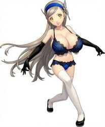 alternate_breast_size blonde_hair cleavage clothed dress dress_lift edit edited hair_ornament huge_breasts lavenza lingerie oppai_loli persona persona_5 yellow_eyes