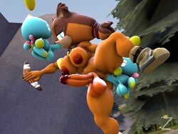 3d anthro balls boomerang brown_body brown_fur chao_(sonic) furry futanari hair holding_weapon orange_body orange_fur penis sex sonic_(series) sonic_boom sticks_the_badger sticks_the_jungle_badger sticks_the_tejon surprised twintails weapon zeniix98