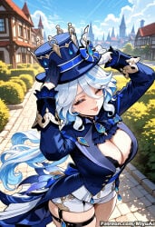 1girl ;p adjusting_clothes ai_assisted ai_generated bangs black_gloves blue_eyes blush breasts building cleavage curvaceous curvy curvy_female curvy_figure day female furina_(genshin_impact) garter_straps genshin_impact gloves hair_between_eyes hat large_breasts long_hair long_sleeves looking_at_viewer miyuai mole mole_under_mouth one_eye_closed outdoors silver_hair smile solo thick thick_ass thick_butt thick_hips thick_legs thick_thighs thigh_strap tongue tongue_out top_hat voluptuous voluptuous_female wavy_hair wide_hips wide_thighs
