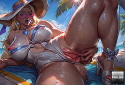 1girls ai_generated areola_slip bare_shoulders beach blonde_hair blue-tinted_eyewear blue_lips blue_nails blue_sky bow bracelet breasts cleavage clitoris clothing_aside clothing_cutout cloud covered_nipples curvy day earrings emma_frost fingernails hat hat_bow heart heart-shaped_eyewear heart_earrings heart_o-ring high_heels huge_breasts huge_nipples jewelry large_breasts leg_up legs lips lipstick long_hair looking_at_viewer looking_over_eyewear lying makeup marvel marvel_rivals nail_polish navel necklace nipple_slip nipples nose o-ring on_side one-piece_swimsuit one_breast_out outdoors palm_tree pendant philon pink-tinted_eyewear presenting purple_lips pussy pussy_juice red_lips ribbon sandals see-through sky solo spread_legs spread_pussy stable_diffusion strappy_heels sun_hat sunglasses sunlight sweat swimsuit swimsuit_aside thick_thighs thighs tinted_eyewear toenail_polish toenails toes towel tree veiny_breasts wet white_one-piece_swimsuit