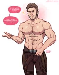 1boy abs biceps brown_hair bulge erect_nipples erection_under_clothes facial_hair guardians_of_the_galaxy half-dressed male_only marvel muscular one_eye_closed pecs penis_shaped_bulge peter_quill pointing shirt_removed starlord stubble thick_thighs topless wererdraws