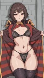 1girl ai_generated bra brown_hair curvy curvy_body curvy_female curvy_figure kono_subarashii_sekai_ni_shukufuku_wo! kyoru189 light-skinned_female light_skin mature_female megumin panties red_eyes seductive seductive_look small_breasts solo solo_female stockings