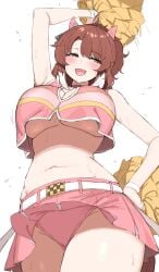 1girls belt big_breasts blush cheerleader cheerleader_outfit cheerleader_uniform cleavage dantsu_flame_(umamusume) kumiyabe motion_lines panties pom_poms skirt skirt_up solo sweat umamusume underboob wristband