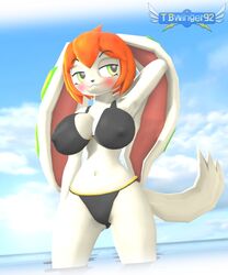 3d 3d_(artwork) anthro beach black_bikini black_bikini_bottom black_bikini_top blush canine female female_protagonist freedom_planet furry green_eyes long_ears milla_basset nipple_bulge orange_hair smile smiling source_filmmaker tail tbwinger92 video_games water white_body white_fur white_skin