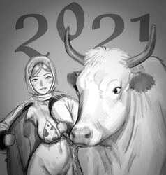 animal beauty_mark bikini blush bottomless bovine bra cloth cow_print female happy_new_year mittens mole_on_armpit new_year open_coat pubic_hair robe scarf wassnonnam winter_clothes year_of_the_ox