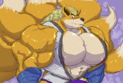 2020 abstract_background anthro beard big_bulge big_muscles big_pecs blonde_hair bulge canid canine clothing facial_hair fox hair hi_res huge_bulge huge_muscles huge_pecs hyper hyper_bulge hyper_muscles hyper_pecs long_hair looking_at_viewer male mammal multi_tail muscular nipples panscolipede pecs red_nipples scar shirt smile solo topwear tsuyoshi_senpai underwear